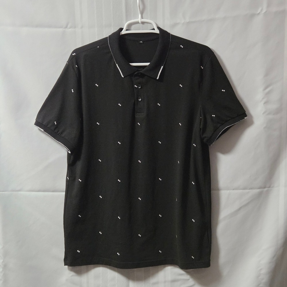 SHEIN Polo Shirt Mens M Black Geometric Print Short Sleeve Tipped Collar Casual